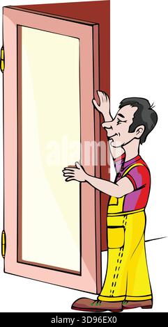 a worker in a shirt and overalls, holding a door with hinges in place against a wall Stock Vector