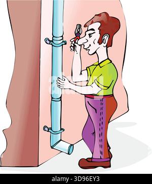 An illustration of a plumber in a shirt and pants, using a red wrench to fix a pipe attached to a wall Stock Vector