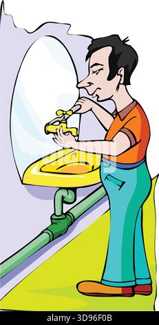 An illustration of a plumber in an shirt and pants, using a wrench to fix a faucet on a bathroom sink with pipes Stock Vector