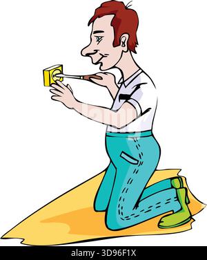 an electrician wearing a shirt and pants, kneeling to install a electrical outlet using a screwdriver Stock Vector