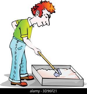 An illustration of a worker using a trowel to mix plaster in a rectangular tray Stock Vector
