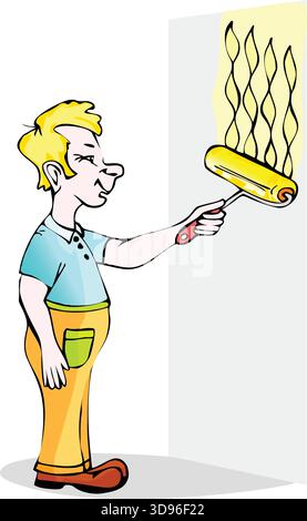An illustration of a worker using a paint roller with a handle to paint a wall with a wavy pattern Stock Vector