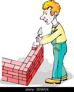 An illustration of a mason using a trowel to lay mortar on a red brick wall Stock Vector