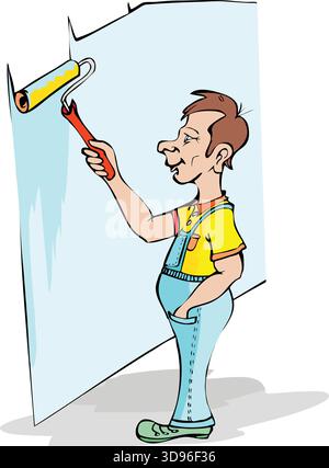 An illustration of a worker wearing a shirt and overalls, painting a wall with a roller with a red handle Stock Vector