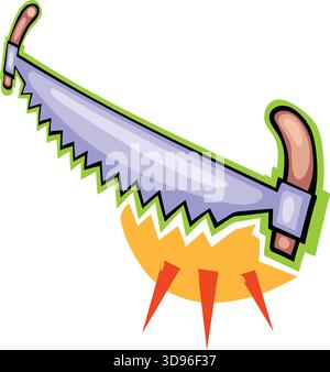 An illustration of a hand saw with a blade, teeth, and handles, set against an orange background Stock Vector