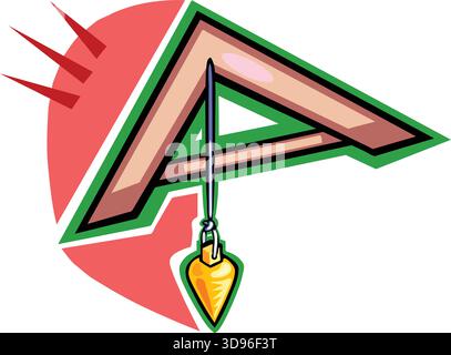 An illustration of a plumb bob with a yellow weight hanging from a wooden triangular frame Stock Vector