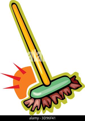An illustration of a broom with a yellow handle, green base, and brown bristles, set against an orange background Stock Vector