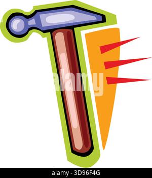 An illustration of a hammer with a head and handle, set against an orange background Stock Vector
