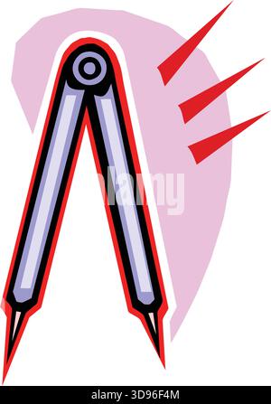 An illustration of a drafting compass with blue arms, set against a pink background Stock Vector