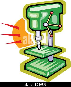 An illustration of a drill press with a green body, purple handle, and white drill bit Stock Vector