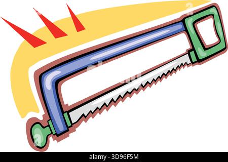 An illustration of a hand coping saw with a blue frame, green handles in a cartoon style Stock Vector