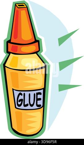 An illustration of a glue bottle with a yellow body, orange cap, and blue label reading GLUE Stock Vector