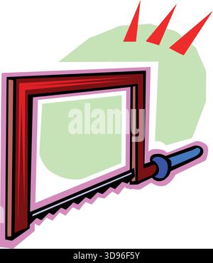 An illustration of a red frame holding a green panel, with a coping saw featuring a blue handle in a cartoon style Stock Vector