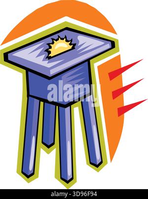 An illustration of a blue Table Saw with a yellow saw blade icon on top in a cartoon style Stock Vector