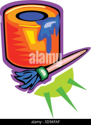 An illustration of an orange paint can with blue paint spilling over, accompanied by a paintbrush with bristles in a cartoon style Stock Vector