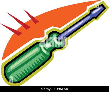 An illustration of a screwdriver with a green handle and blue tip in a cartoon style Stock Vector