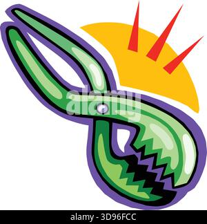 An illustration of tin snips with handles and black blades with red triangula in a cartoon style Stock Vector
