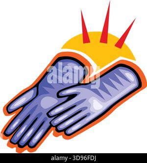 An illustration of a pair of blue work gloves, set against a yellow background in a cartoon style Stock Vector