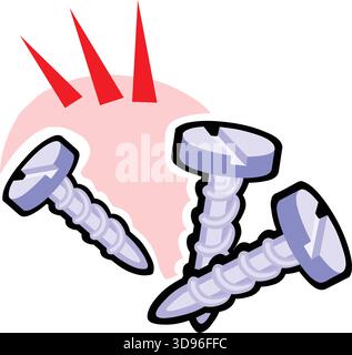An illustration of three blue screws, set against a pink background in a cartoon style Stock Vector