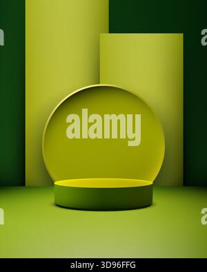 3D empty product display scene features a circular dark green podium against lime green background. minimalist stage modern cosmetic, fashion, or reta Stock Vector