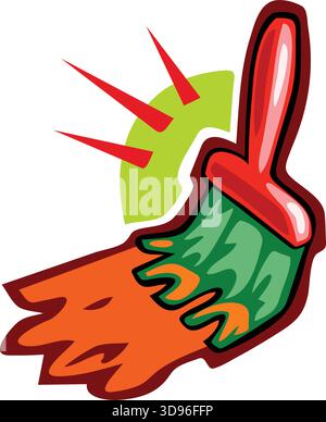 An illustration of a paintbrush with a green brush and red handle, dripping orange paint in a cartoon style Stock Vector
