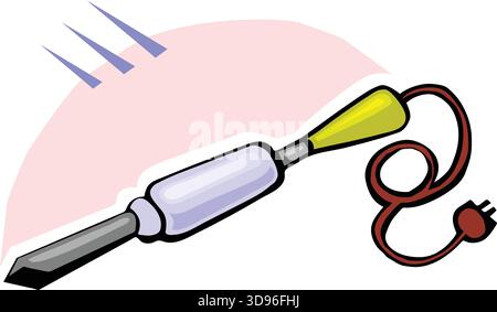 An illustration of a soldering iron tool with a blue body, yellow handle, and brown cord in a cartoon style Stock Vector