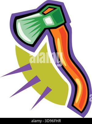 An illustration of an axe with a green head and orange handle, set against a yellow background in a cartoon style Stock Vector