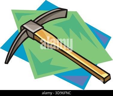 An illustration of a pickaxe with a gray head and brown handle, set against a layered background in a cartoon style Stock Vector