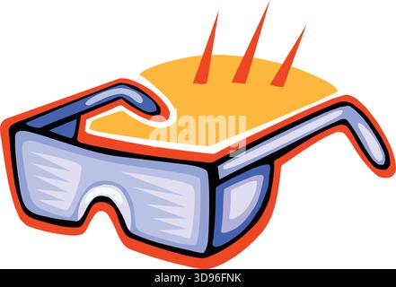 An illustration of a blue safety glasses, set against a yellow background in a cartoon style Stock Vector