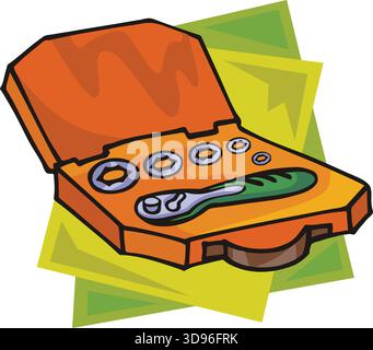 An illustration of an orange case containing a set of wrenches and a green-handled tool in a cartoon style Stock Vector