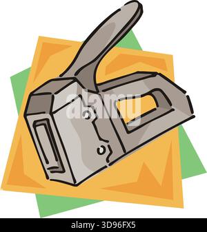 An illustration of a gray stapler, set against a layered background of geometric shapes in a cartoon style Stock Vector