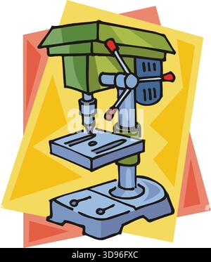 An illustration of a drill press with a green body, blue base, and red handles in a cartoon style Stock Vector