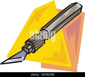 An illustration of a utility knife with a gray blade and brown handle in a cartoon style Stock Vector