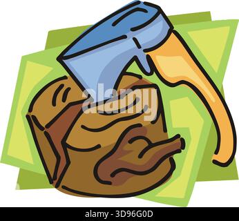 An illustration of an axe with a blue blade and yellow handle in a cartoon style Stock Vector