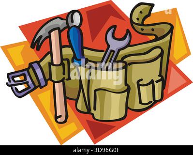An illustration of a beige tool belt with a hammer, wrench, and other tools in a cartoon style Stock Vector