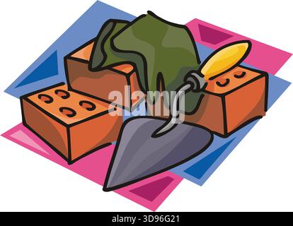 An illustration of a trowel with a gray blade and yellow handle, surrounded by orange bricks in a cartoon style Stock Vector