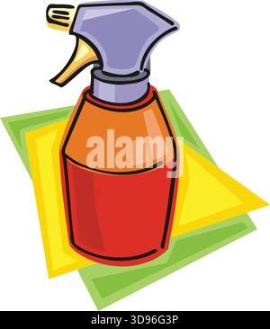 An illustration of a spray bottle with a red body, orange upper section, and gray nozzle in a cartoon style Stock Vector
