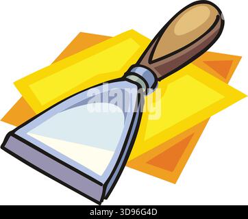 An illustration of a putty knife tool with a gray blade and brown handle in a cartoon style Stock Vector
