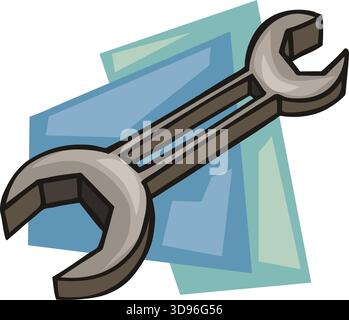 An illustration of a wrench with a double-ended wrench with a gray body and brown handle in a cartoon style Stock Vector