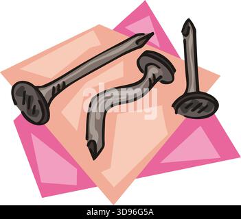 An illustration of a three nails, one bent, with gray heads and bodies in a cartoon style Stock Vector