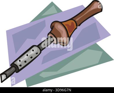 An illustration of a soldering iron with a gray tip, black body, and brown handle in a cartoon style Stock Vector