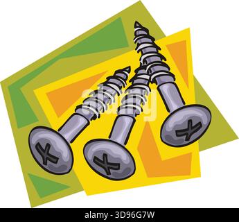An illustration of a three screws with gray heads and threaded bodies in a cartoon style Stock Vector
