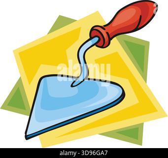 An illustration of a trowel with a blue blade and red handle in a cartoon style Stock Vector