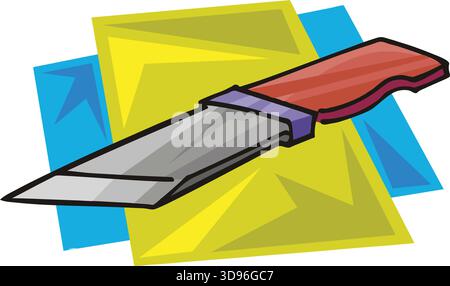 An illustration of a utility knife with a gray blade, purple ferrule, and red handle in a cartoon style Stock Vector