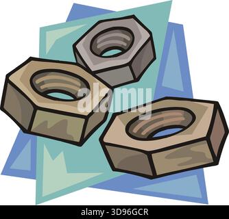 An illustration of a three hex nuts with gray and brown tones in a cartoon style Stock Vector
