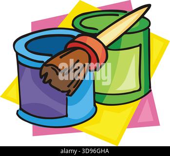 An illustration of two paint cans, one blue and one green, with a paintbrush featuring a brown bristles handle in a cartoon style Stock Vector