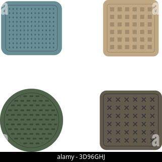 Four small drainage covers including perforated squares and textured rounds in varied styles. Stock Vector