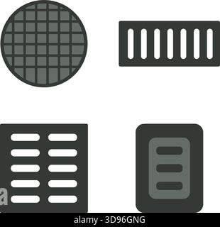 A collection of round and rectangular street grates used for drainage and utility access. Stock Vector