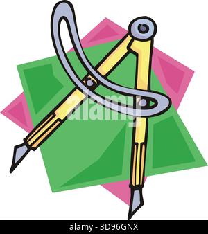 An illustration of a drafting compass tool with yellow handles and gray tips in a cartoon style Stock Vector