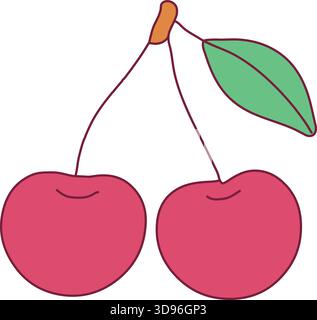 Two ripe cherries hang together on joined stems with a single leaf. Stock Vector